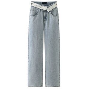 KAl Light Blue Fold Over Denim Jeans Wide Leg High Rise Verlian  Sz 24 XS